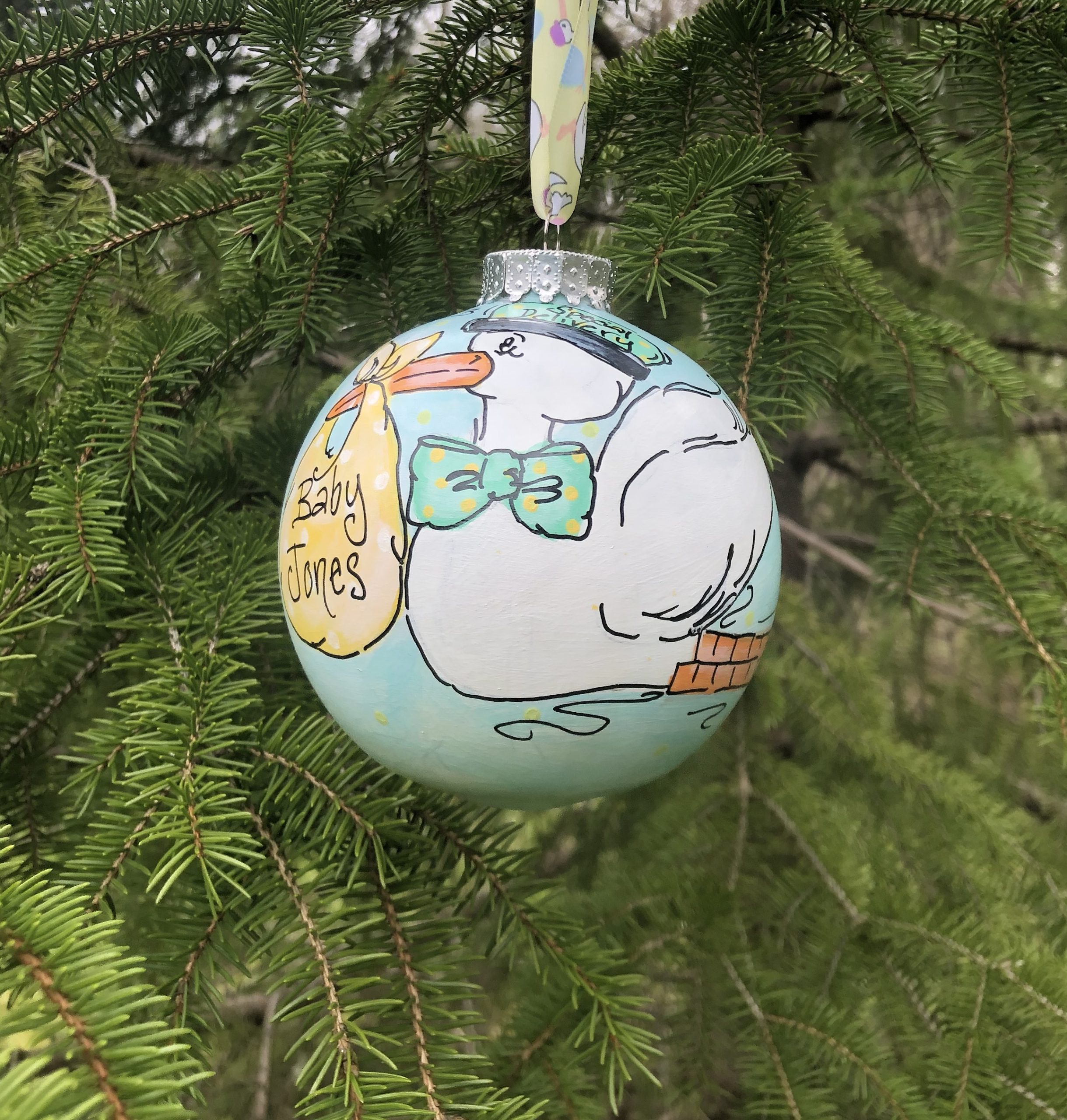 Personalized Gender Neutral Flying Stork Birth Notification Ornament with Baby Arrival Message