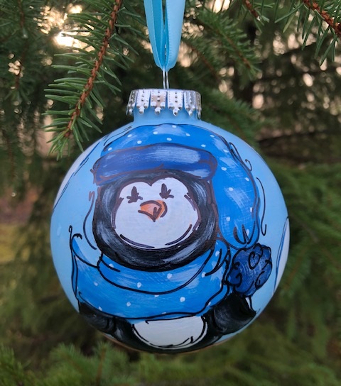 Hand-painted Boy Penguin on Ball Ornament, Whimsical and Personalized for Kids