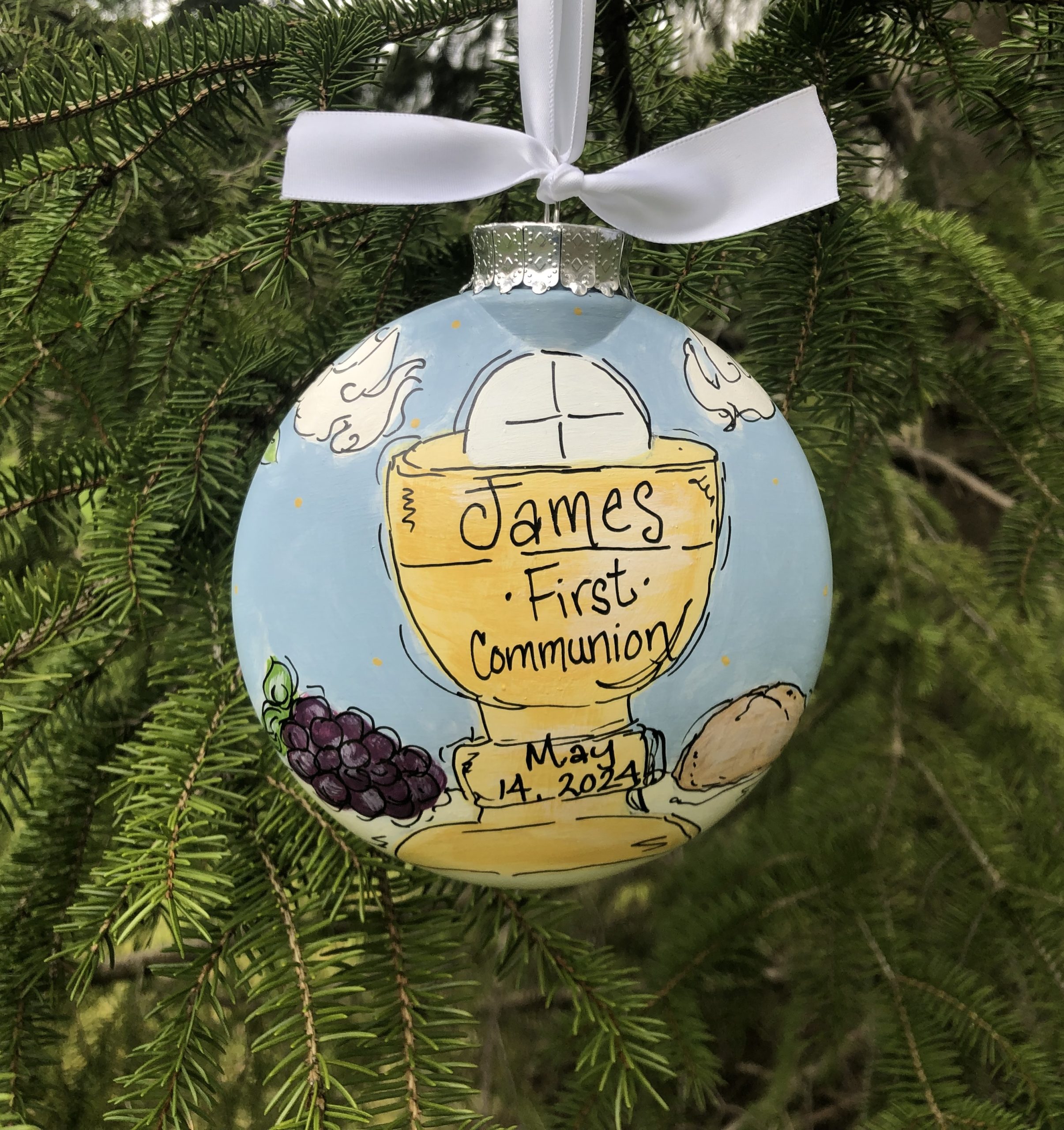 Personalized Boy Communion Disc Ornament, a Whimsically Hand-painted Religious Gift for Kids
