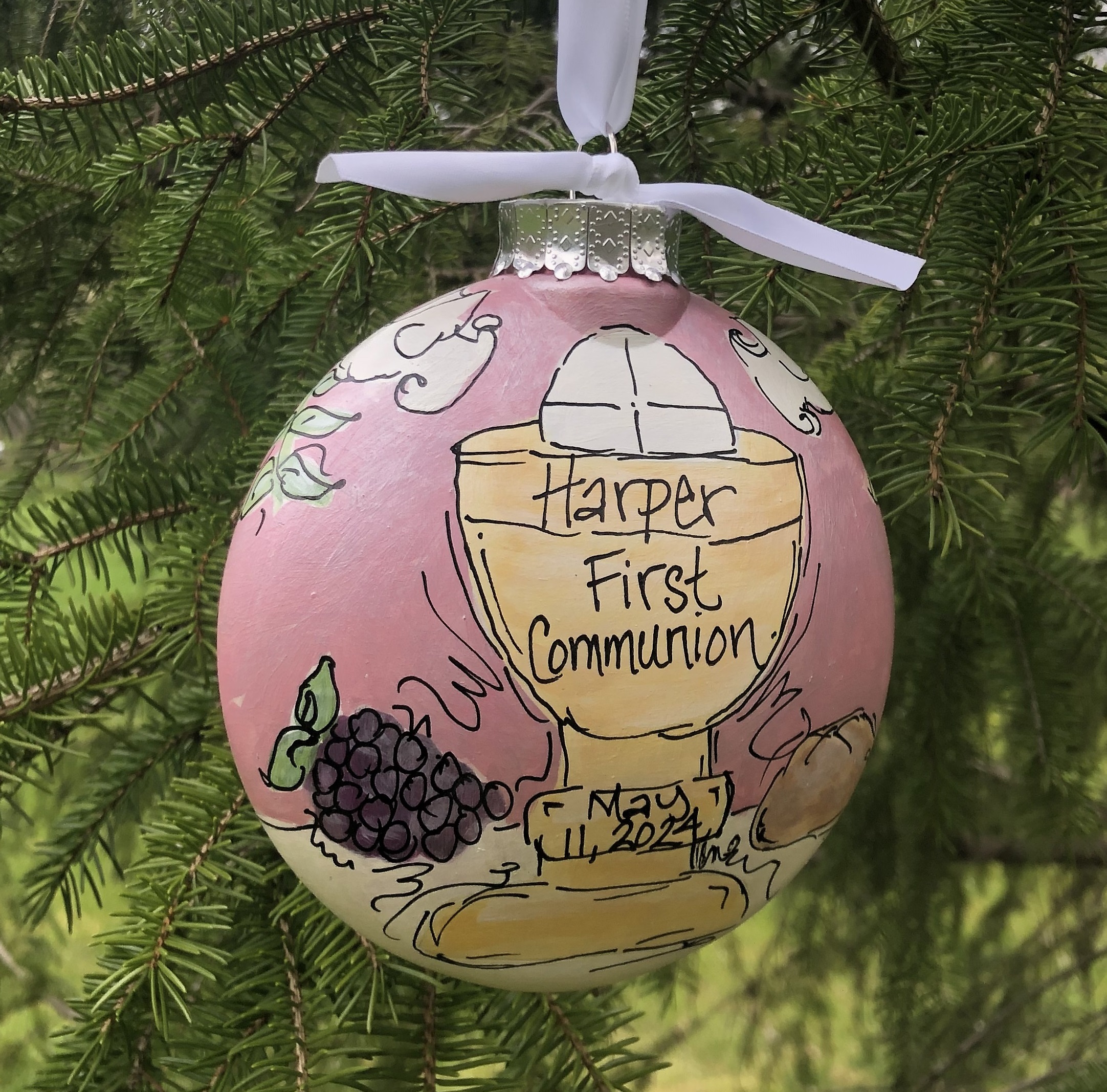 Whimsical Girl Communion Disc Ornament, Hand-painted and Personalized Religious Gift for Kids