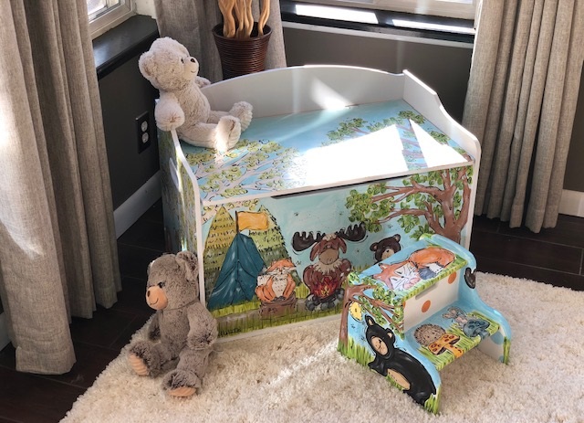 Hand-painted and Whimsical Woodland Toy Box with Step Stool Bundle for Kids