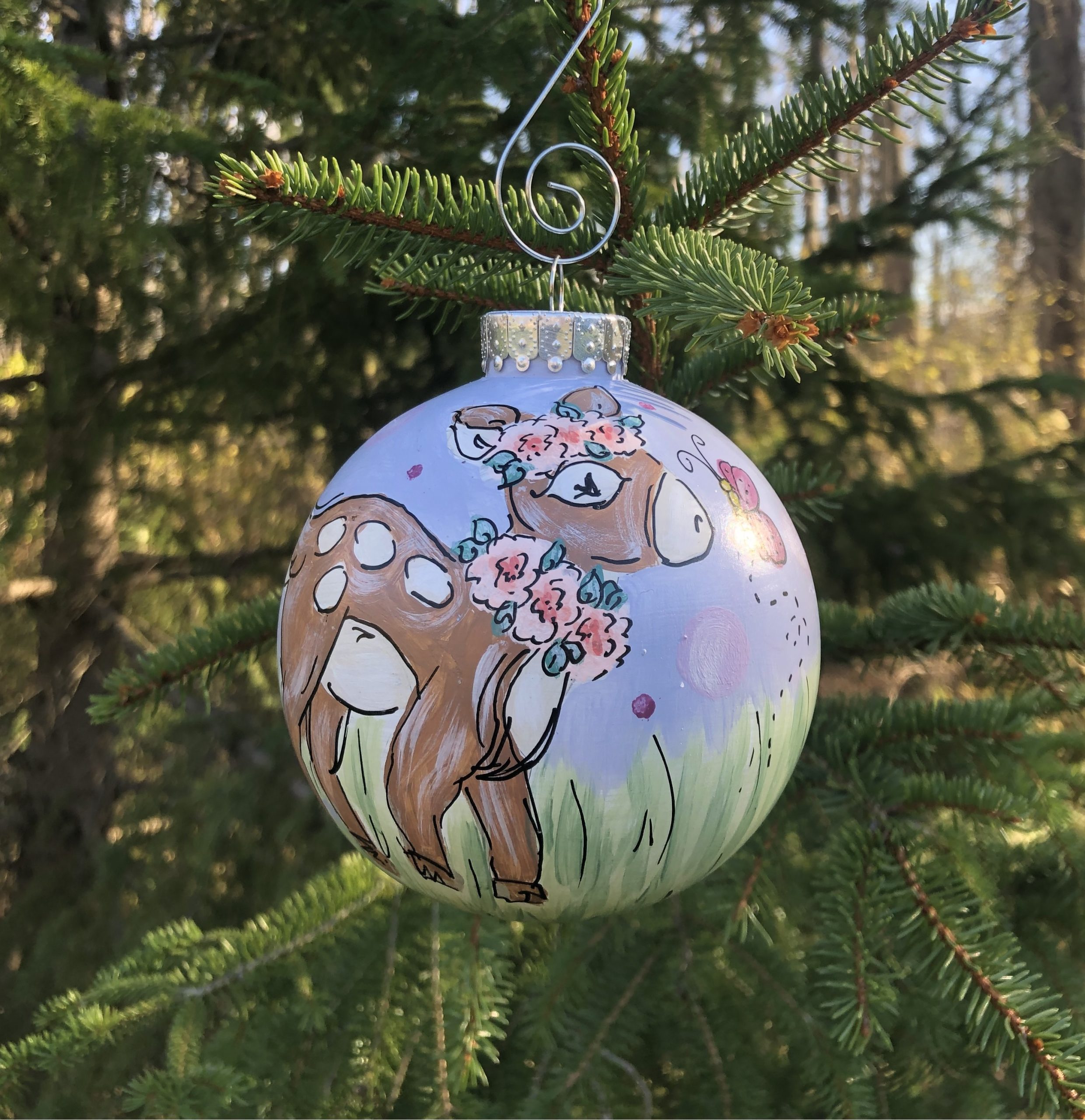 Christmas Deer Ornament, Whimsically Hand-painted Artwork on a Plastic Sphere for Kids