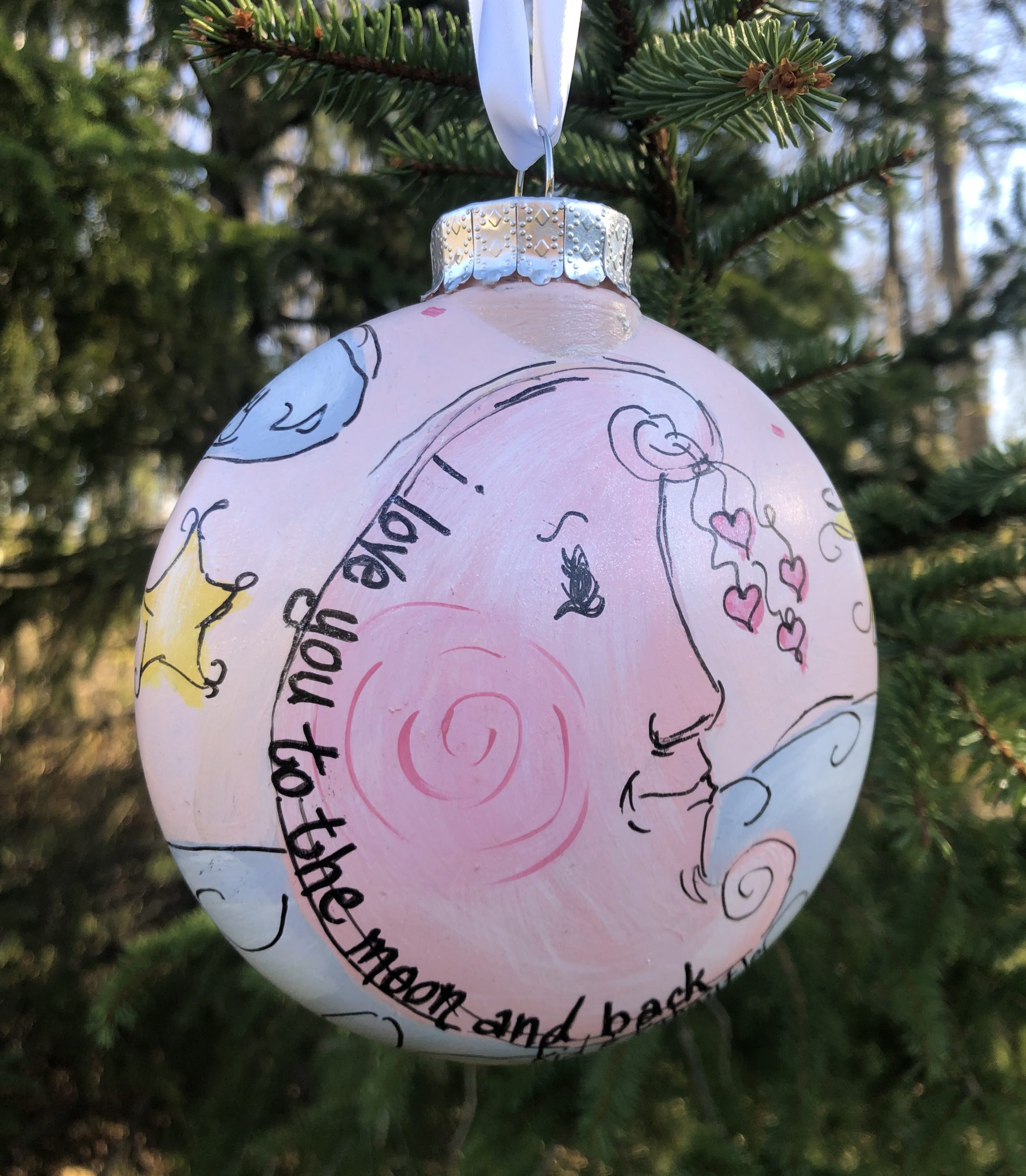 Whimsical Pink I Love You to the Moon and Back Disc Ornament, Hand-painted and Personalized for Kids