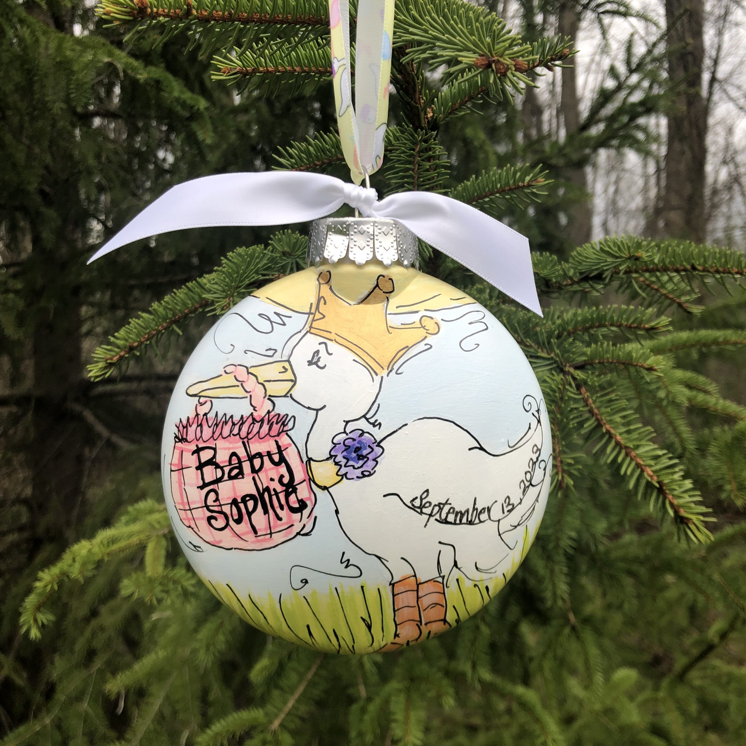 Hand-painted Girl Stork Crowned with Birth Notification on Ornament for Grandparents and Families