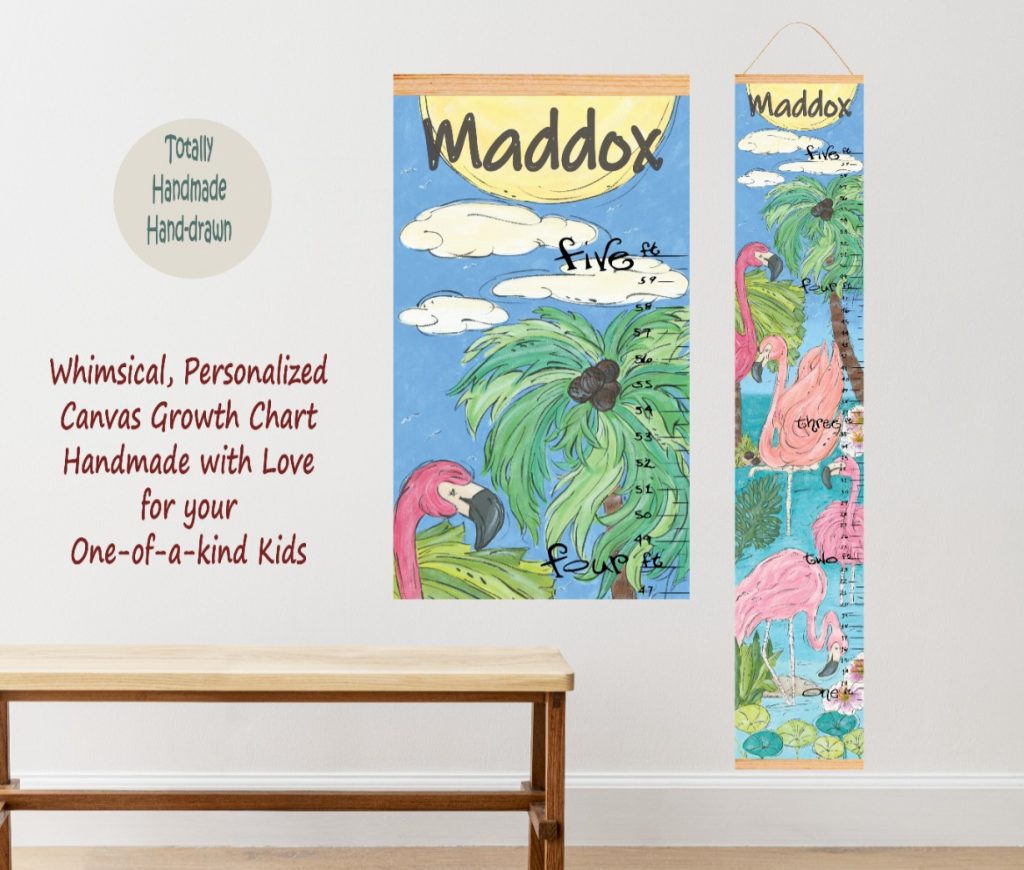 Flamingos and Palm Trees Themed Canvas Height Chart