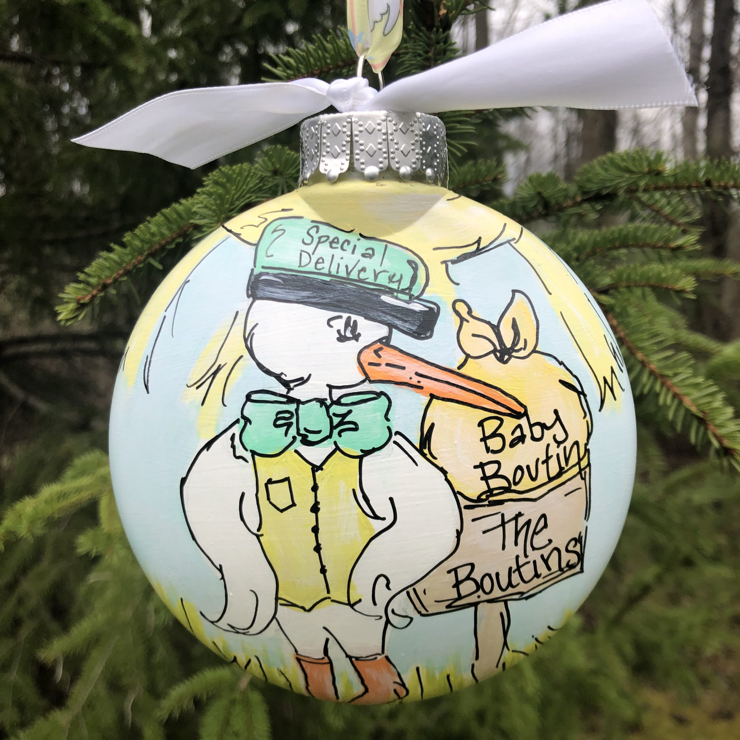 Personalized Gender Neutral Posing Stork on Plastic Disc Ornament with Birth Communiqué to Grandparents, Hand-painted with Message