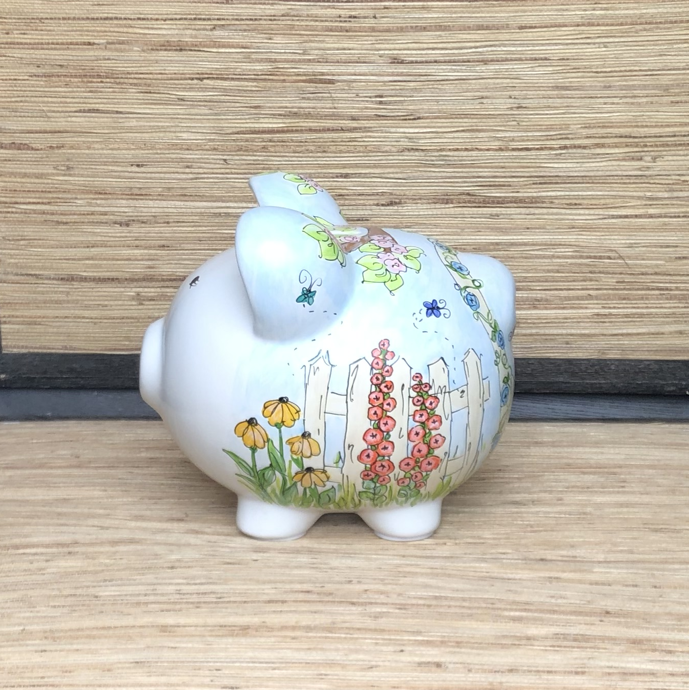 Hand-painted Garden Arbor Ceramic Piggy Bank, Whimsical Bird Bath and Butterflies with Tons of other Flowers
