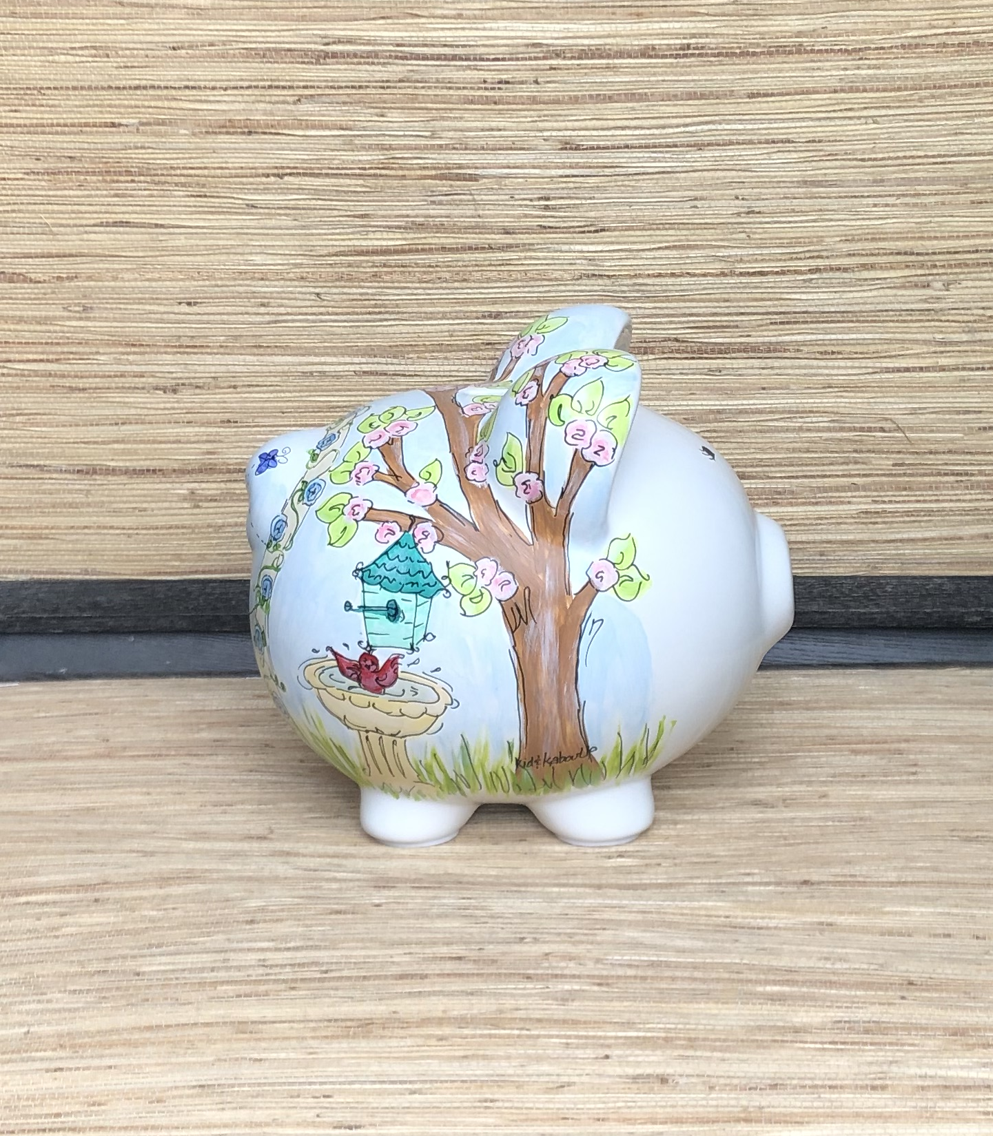 Hand-painted Garden Arbor Ceramic Piggy Bank, Whimsical Bird Bath and Butterflies with Tons of other Flowers