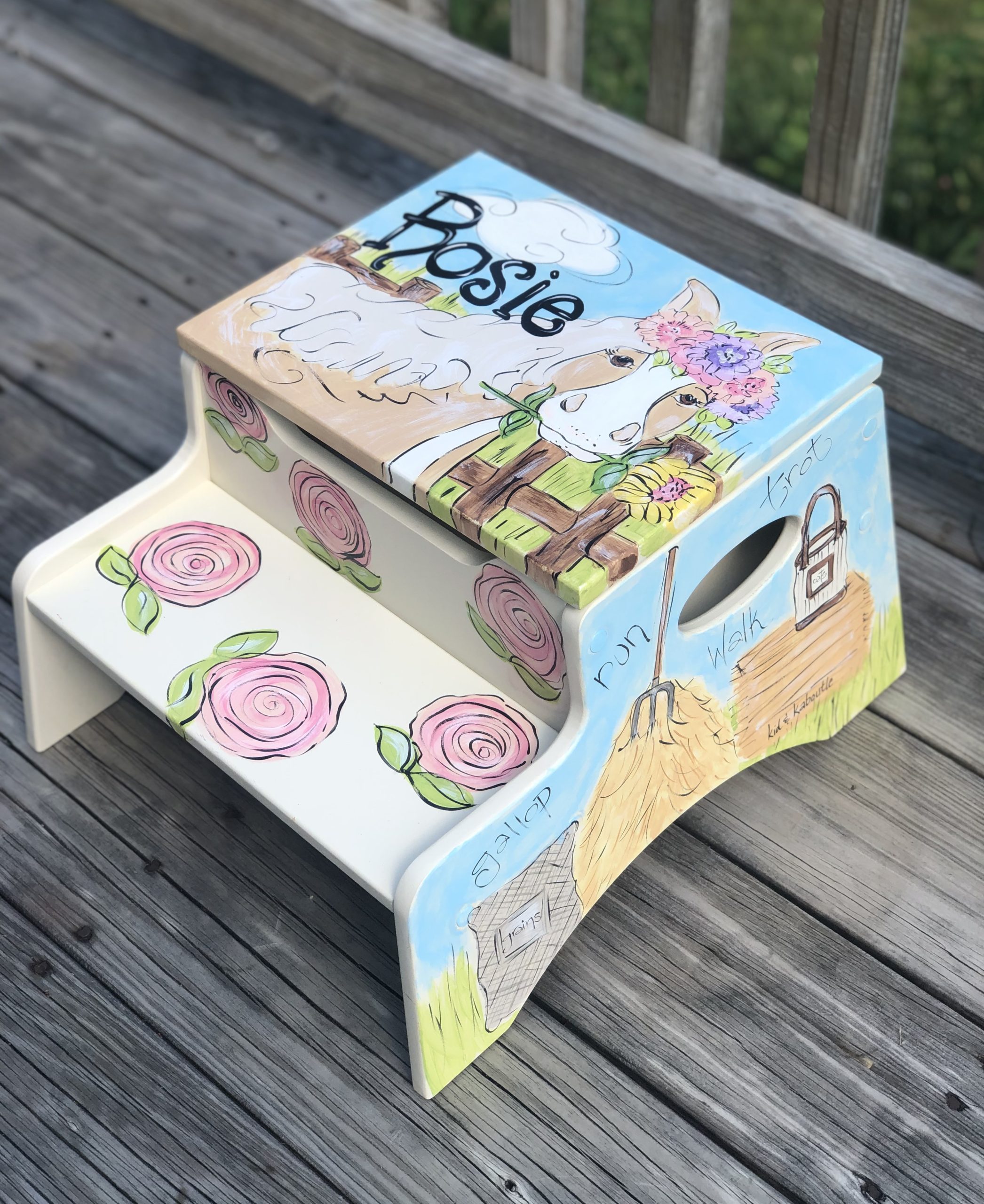 My Horse Rosie Wooden Step Stool with Whimsically Hand-painted Flowers for Kids