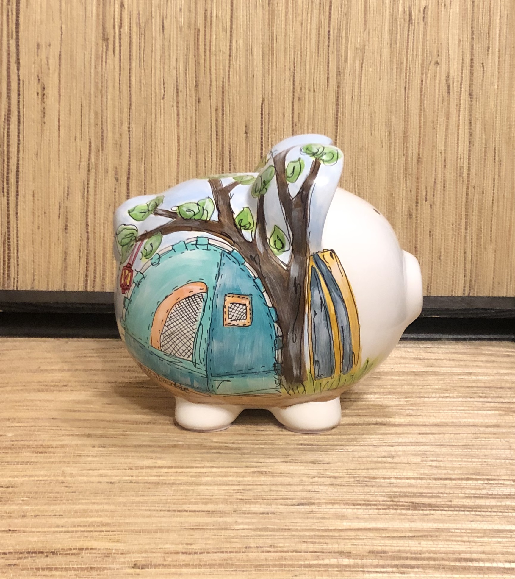 Personalized Off-Grid Ceramic Piggy Bank Gift with Hand-painted Retro Camper and Tent