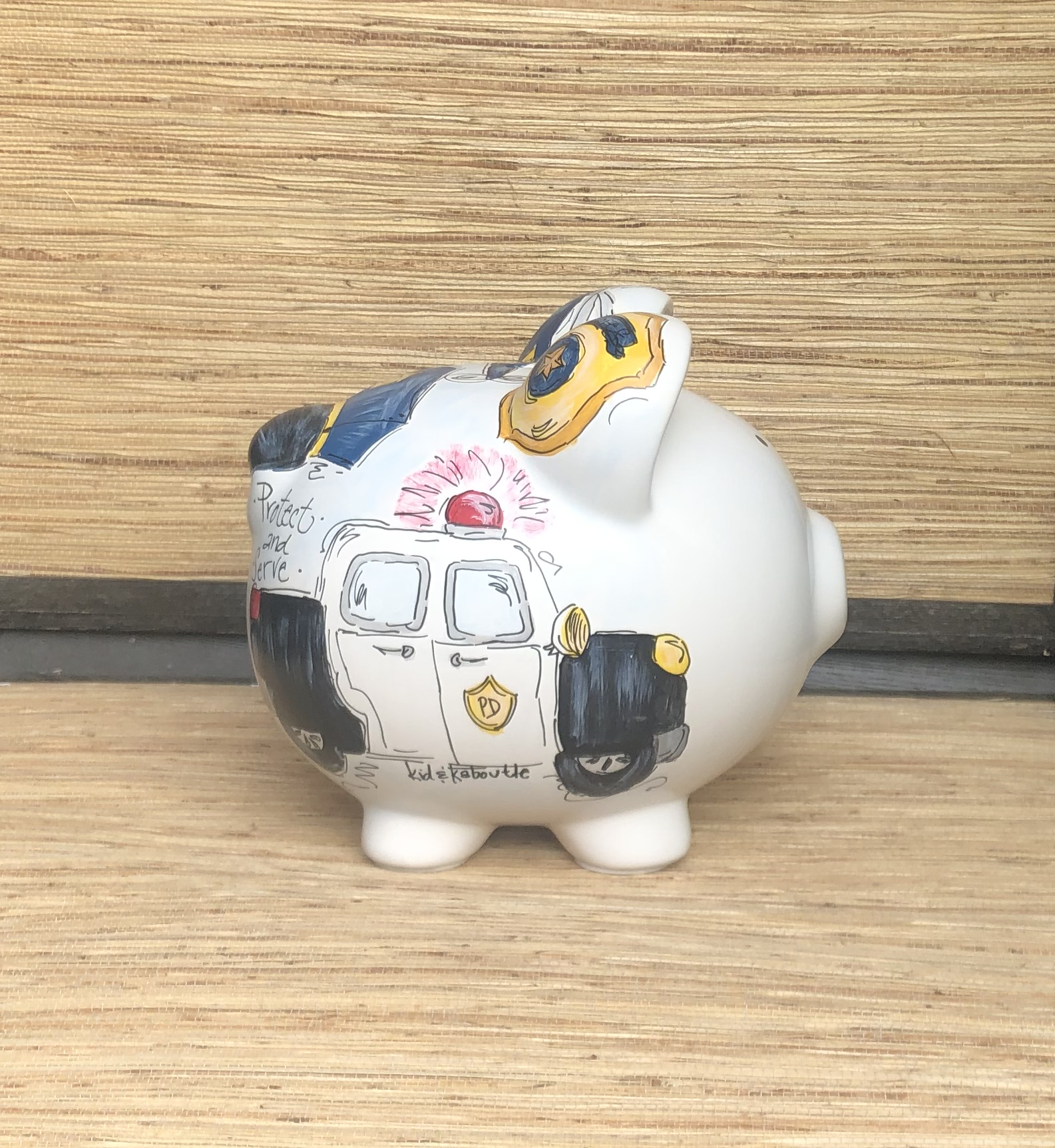  Personalized Protect and Serve Ceramic Piggy Bank, with Vintage Patrol Car and Police Helicopter