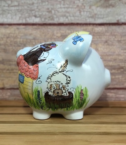 Whimsical Puppy Dogs Ceramic Piggy Bank, with Cute Pups and Dog House, Hand-painted Art for Dog Lovers