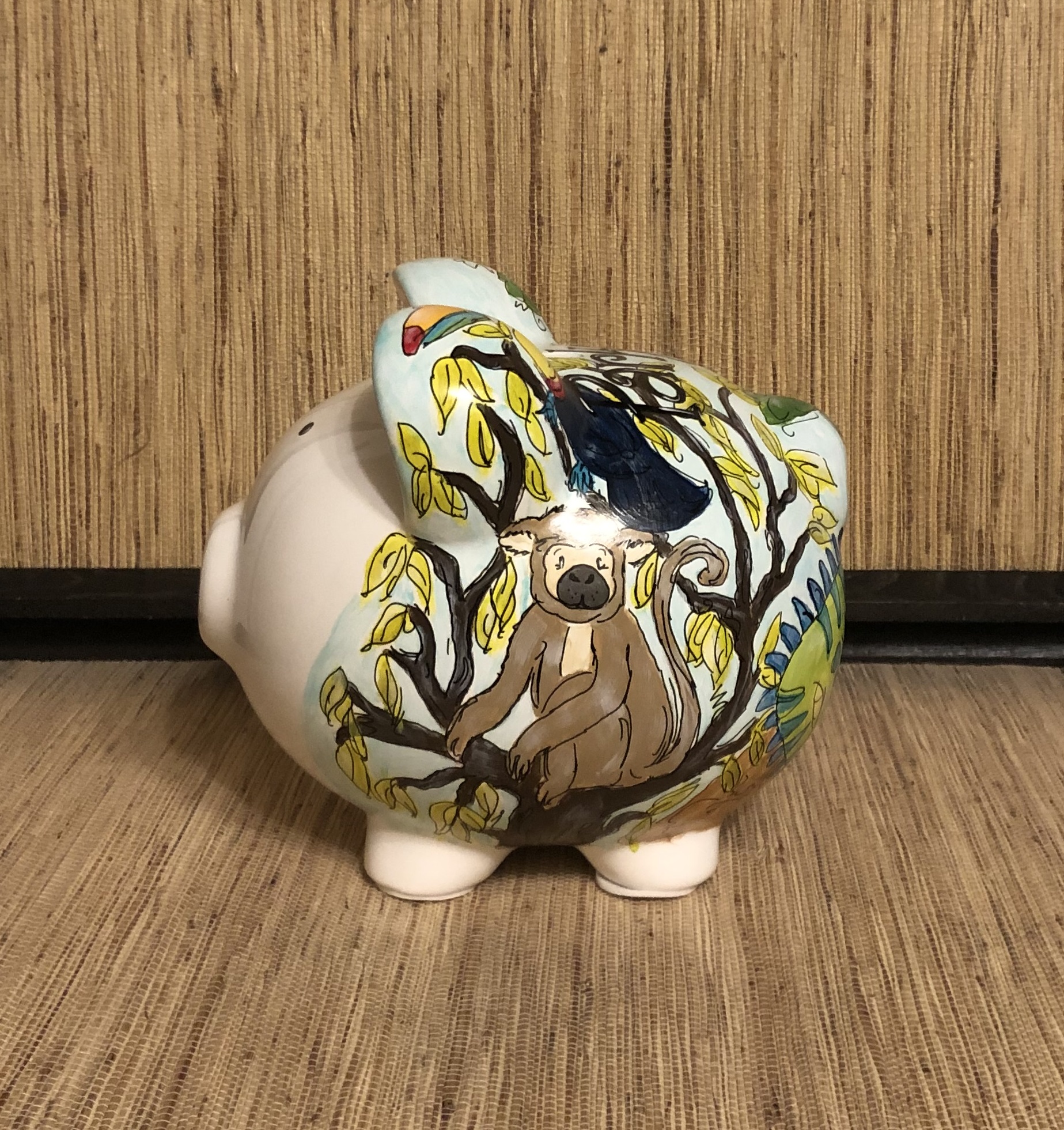 Personalized Rain Forest Ceramic Piggy Bank with Sloth, Hand-painted Iguana and a Bird